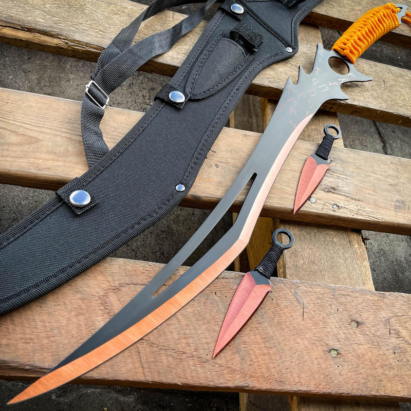 26" NINJA SWORD Zombie Anime Machete Tactical Blade Katana + 2PCS Throwing Knife Orange - BLADE ADDICT