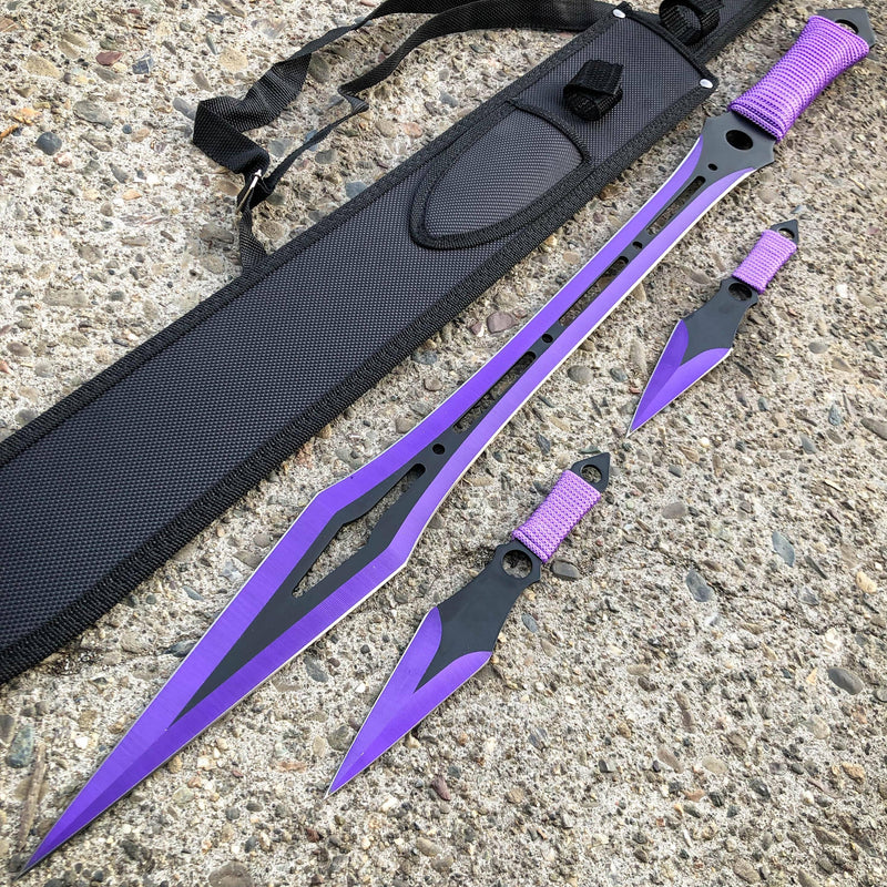27" Ninja Machete Sword Tactical Fixed BLADE w/ 2 Throwing Knife + Sheath Set Purple - BLADE ADDICT