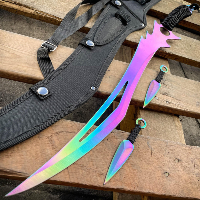 26" NINJA SWORD Zombie Anime Machete Tactical Blade Katana + 2PCS Throwing Knife Rainbow - BLADE ADDICT