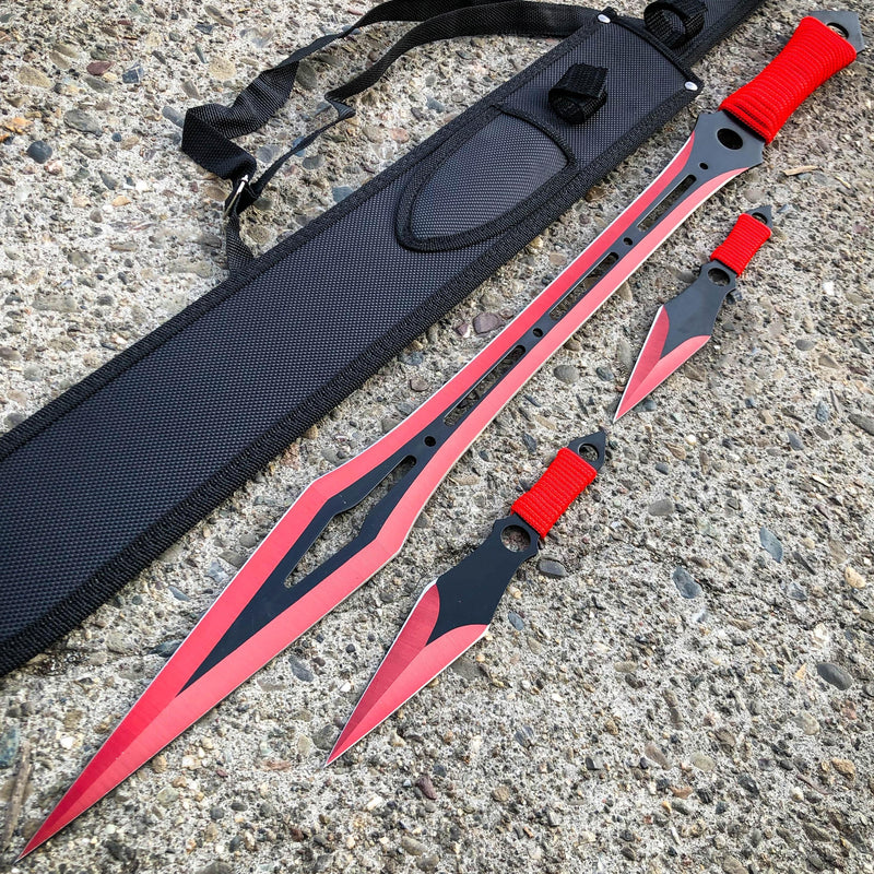 27" Ninja Machete Sword Tactical Fixed BLADE w/ 2 Throwing Knife + Sheath Set Red - BLADE ADDICT