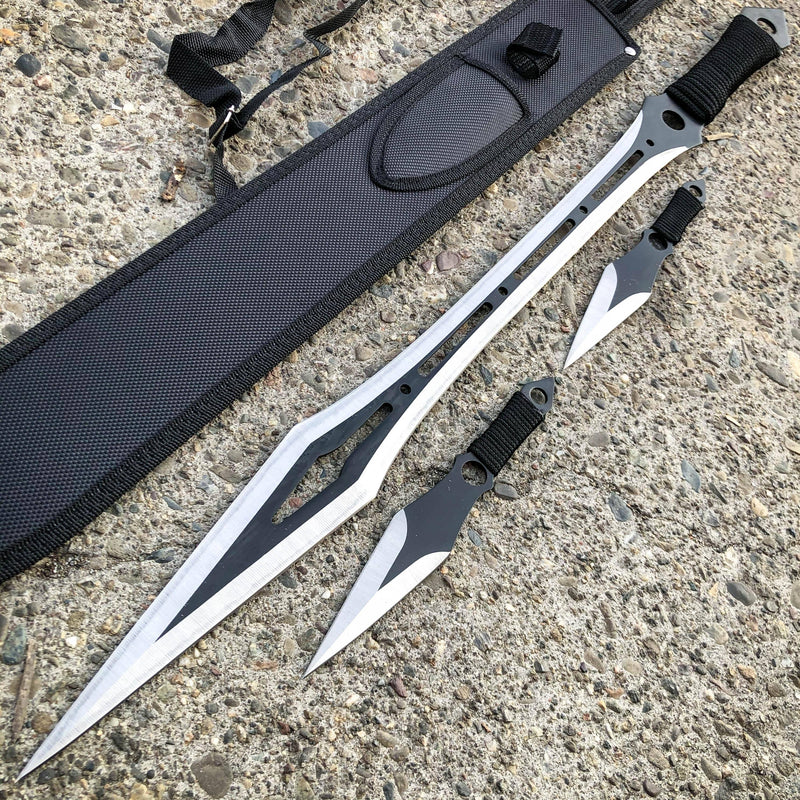 27" Ninja Machete Sword Tactical Fixed BLADE w/ 2 Throwing Knife + Sheath Set Silver - BLADE ADDICT
