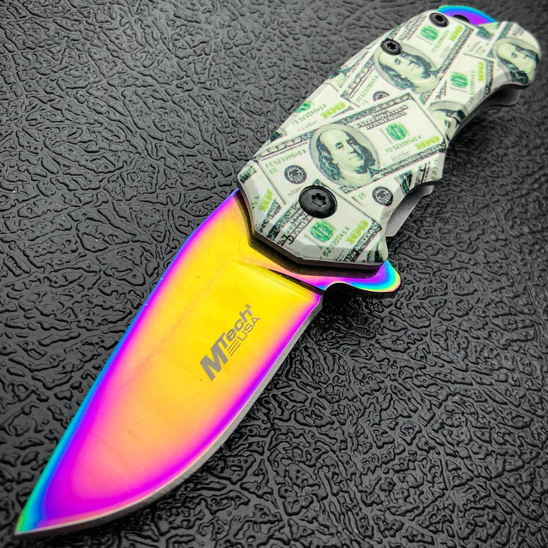 5" MTECH USA Snub MONEY Spring Open Assisted ONE HUNDRED Folding Pocket Knife - BLADE ADDICT