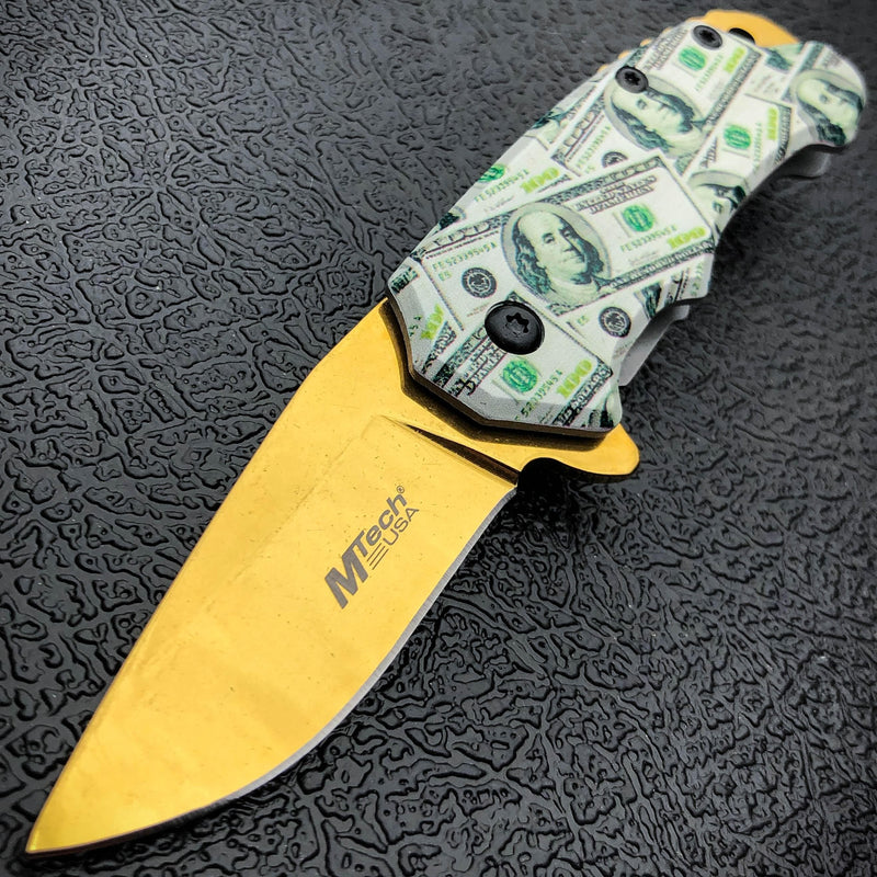 5" MTECH USA Snub MONEY Spring Open Assisted ONE HUNDRED Folding Pocket Knife - BLADE ADDICT