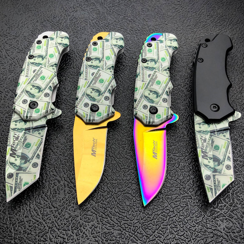 5" MTECH USA Snub MONEY Spring Open Assisted ONE HUNDRED Folding Pocket Knife - BLADE ADDICT