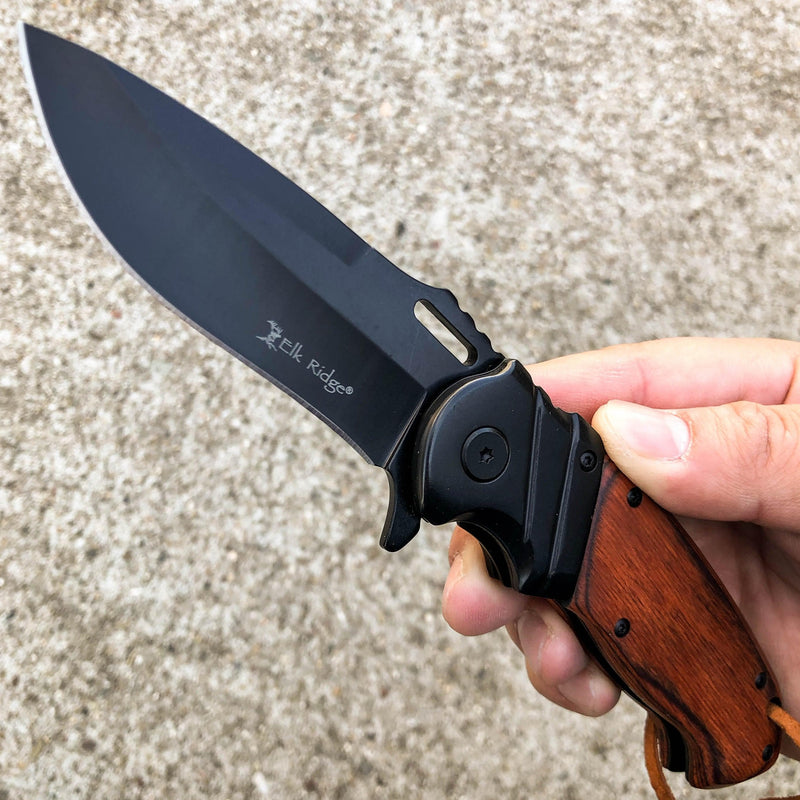 8.5" ELK RIDGE BLACK WOOD Gentleman SPRING ASSISTED OPEN Hunting Folding POCKET KNIFE - BLADE ADDICT