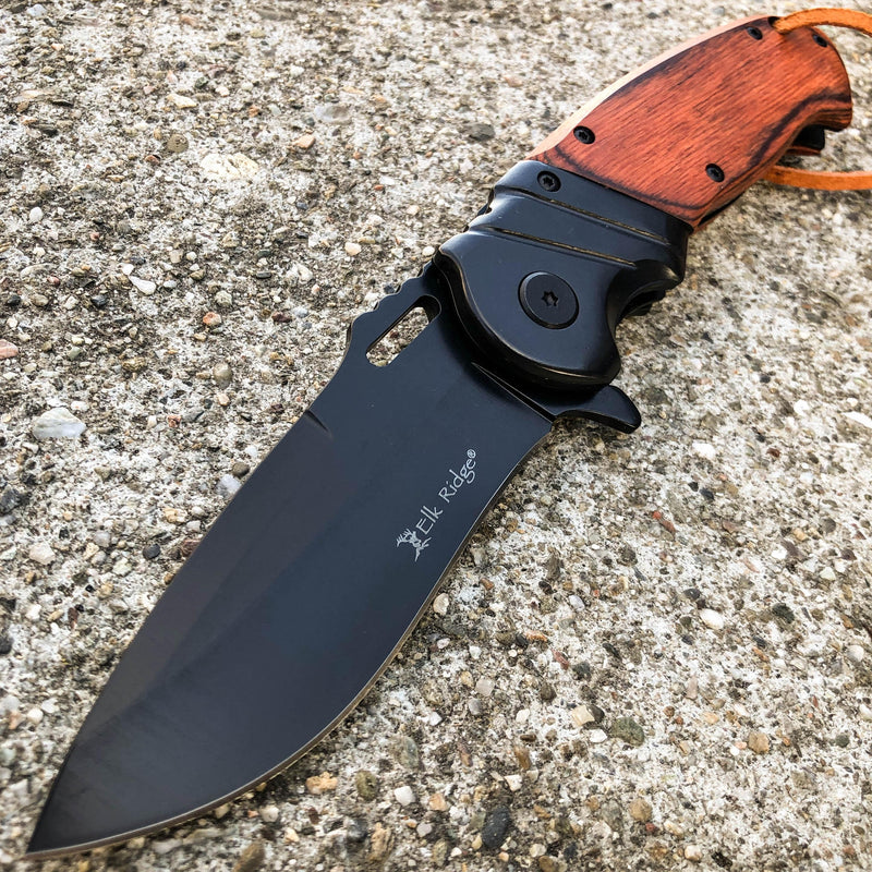 8.5" ELK RIDGE BLACK WOOD Gentleman SPRING ASSISTED OPEN Hunting Folding POCKET KNIFE - BLADE ADDICT