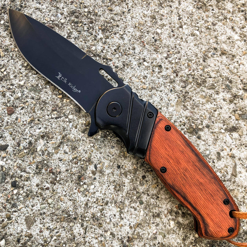 8.5" ELK RIDGE BLACK WOOD Gentleman SPRING ASSISTED OPEN Hunting Folding POCKET KNIFE - BLADE ADDICT