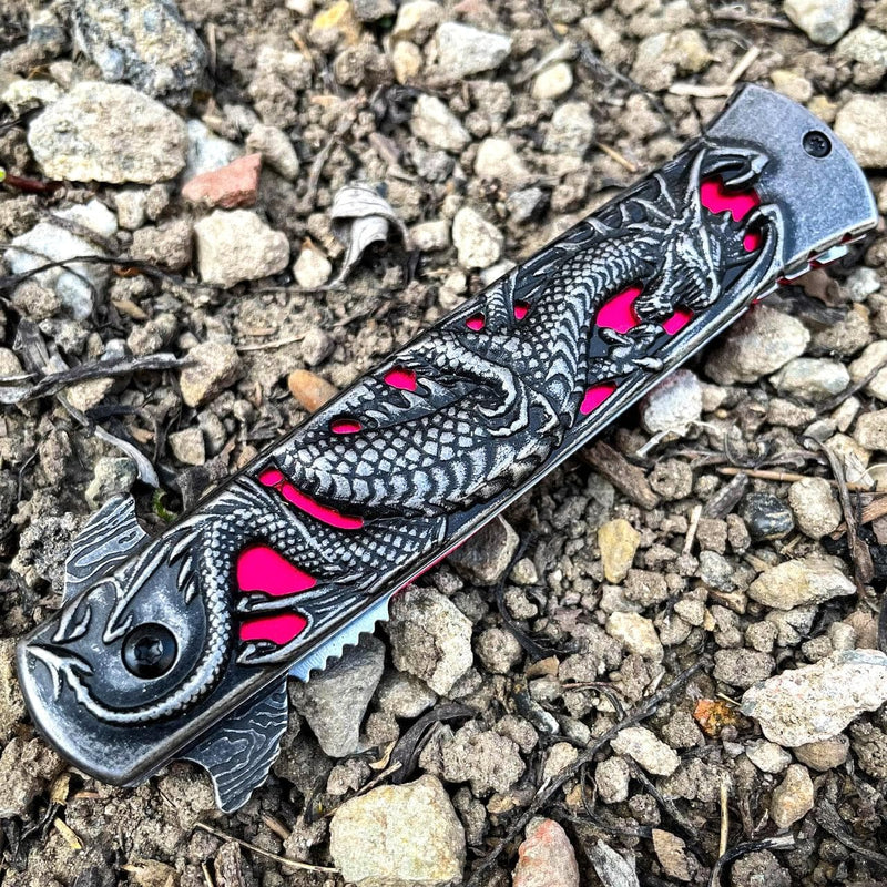 8.75" DRAGON Stiletto Spring Assisted Etch Blade FOLDING POCKET KNIFE Stonewash - BLADE ADDICT