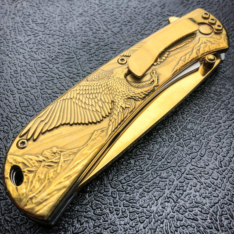 8" Gold BALD EAGLE Titanium Assisted Open Spring Blade Folding Pocket Knife NEW - BLADE ADDICT