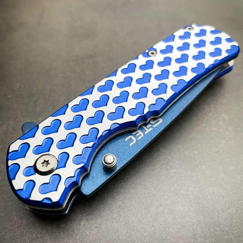 8" HEARTS TACTICAL Combat Spring Assisted Open Folding Pocket Knife BLUE Tool - BLADE ADDICT