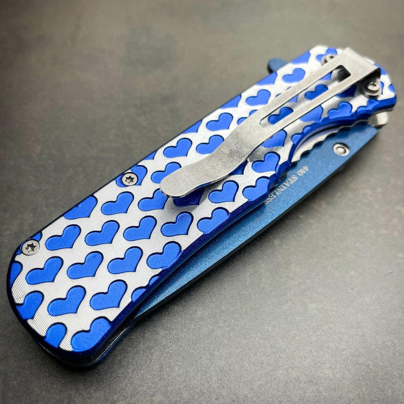 8" HEARTS TACTICAL Combat Spring Assisted Open Folding Pocket Knife BLUE Tool - BLADE ADDICT