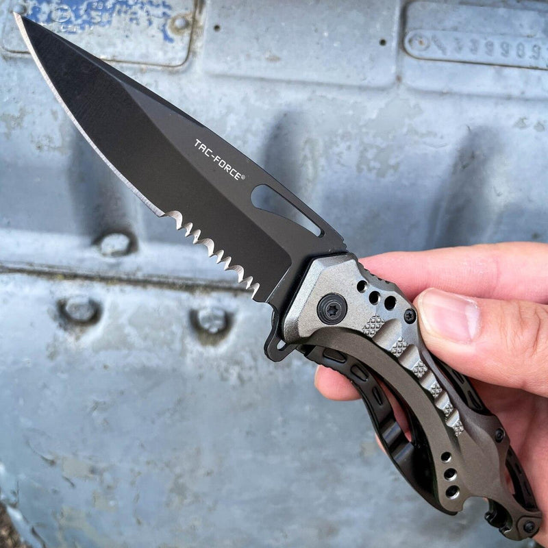 8" TAC FORCE MILITARY GREY SPRING ASSISTED TACTICAL FOLDING KNIFE Blade Pocket - BLADE ADDICT