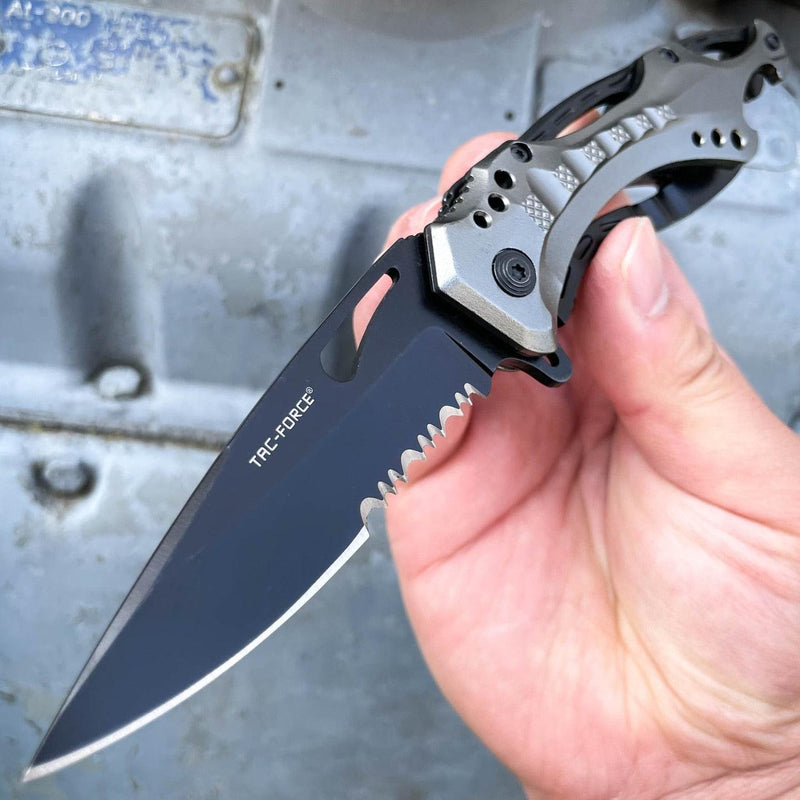 8" TAC FORCE MILITARY GREY SPRING ASSISTED TACTICAL FOLDING KNIFE Blade Pocket - BLADE ADDICT