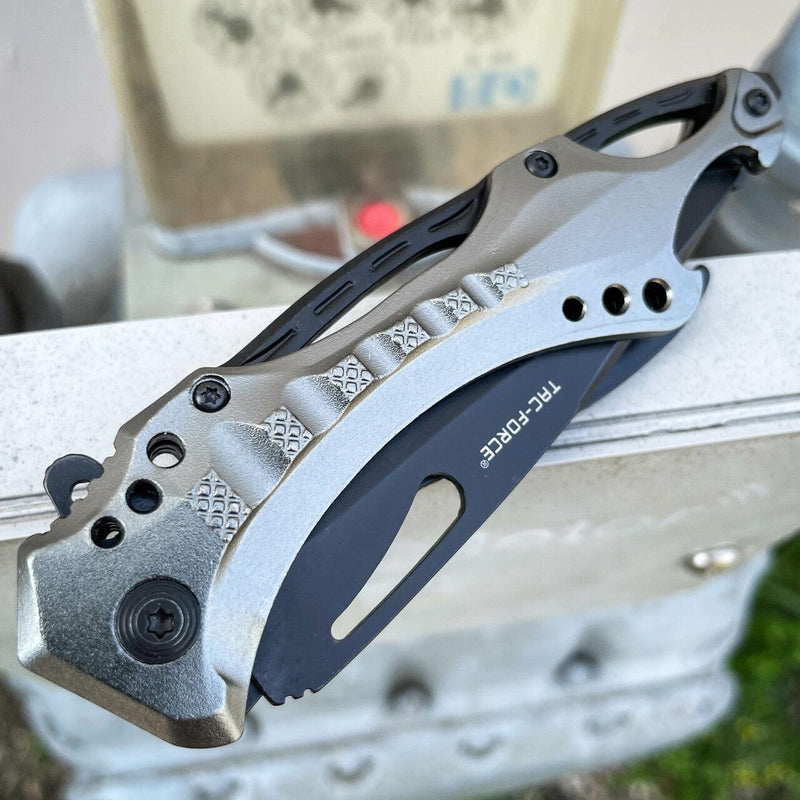 8" TAC FORCE MILITARY GREY SPRING ASSISTED TACTICAL FOLDING KNIFE Blade Pocket - BLADE ADDICT