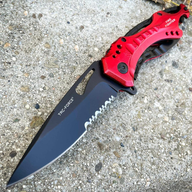 8" TAC FORCE MILITARY RED Fire Fighter SPRING ASSISTED TACTICAL FOLDING KNIFE - BLADE ADDICT