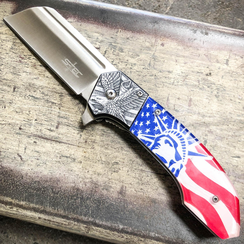 8" USA Flag Liberty Tactical Spring OPEN Assisted CLEAVER Pocket Folding Knife - BLADE ADDICT