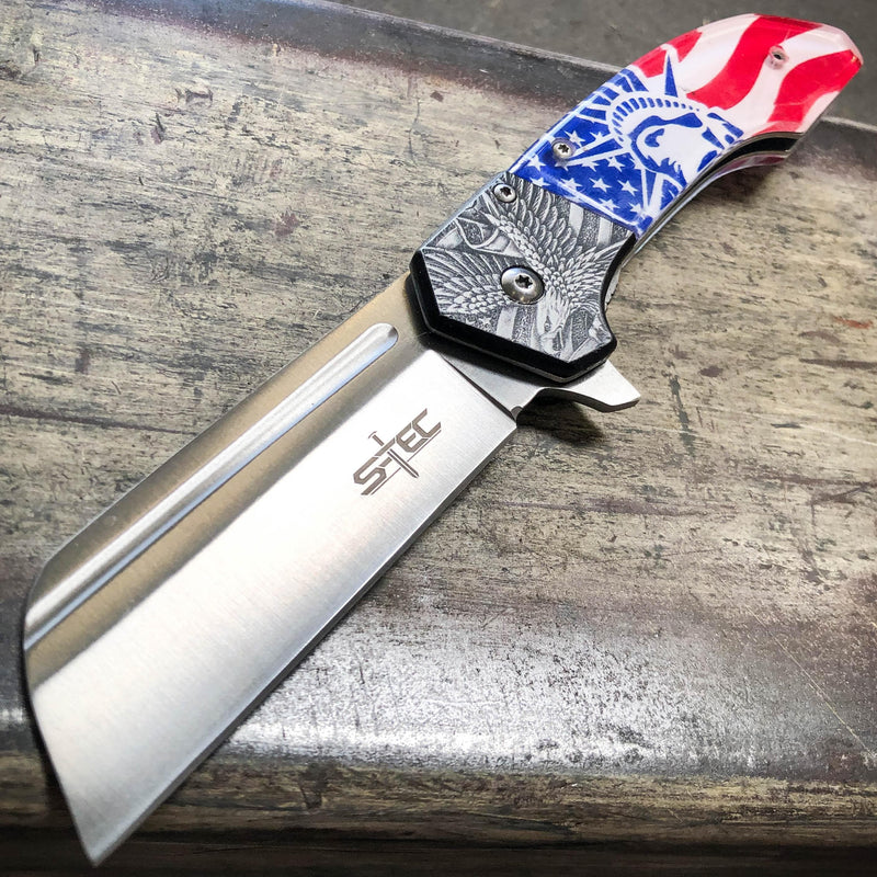 8" USA Flag Liberty Tactical Spring OPEN Assisted CLEAVER Pocket Folding Knife - BLADE ADDICT
