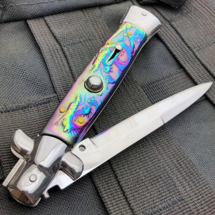 9.5" Italian Style Stiletto Switch Blade Pocket Knife Dragon - BLADE ADDICT