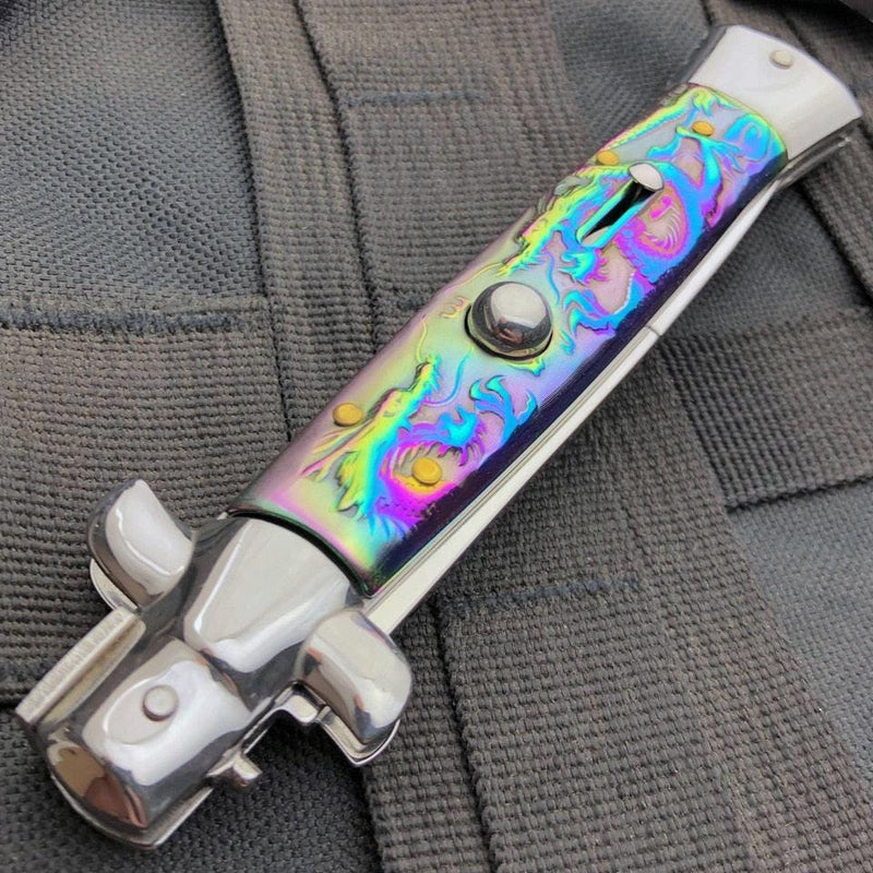 9.5" Italian Style Stiletto Switch Blade Pocket Knife Dragon - BLADE ADDICT