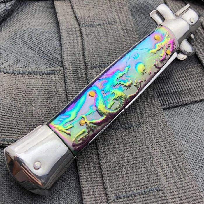 9.5" Italian Style Stiletto Switch Blade Pocket Knife Dragon - BLADE ADDICT
