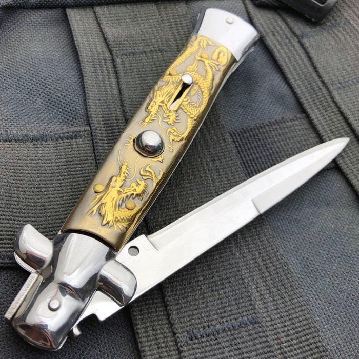 9.5" Italian Style Stiletto Switch Blade Pocket Knife Dragon - BLADE ADDICT