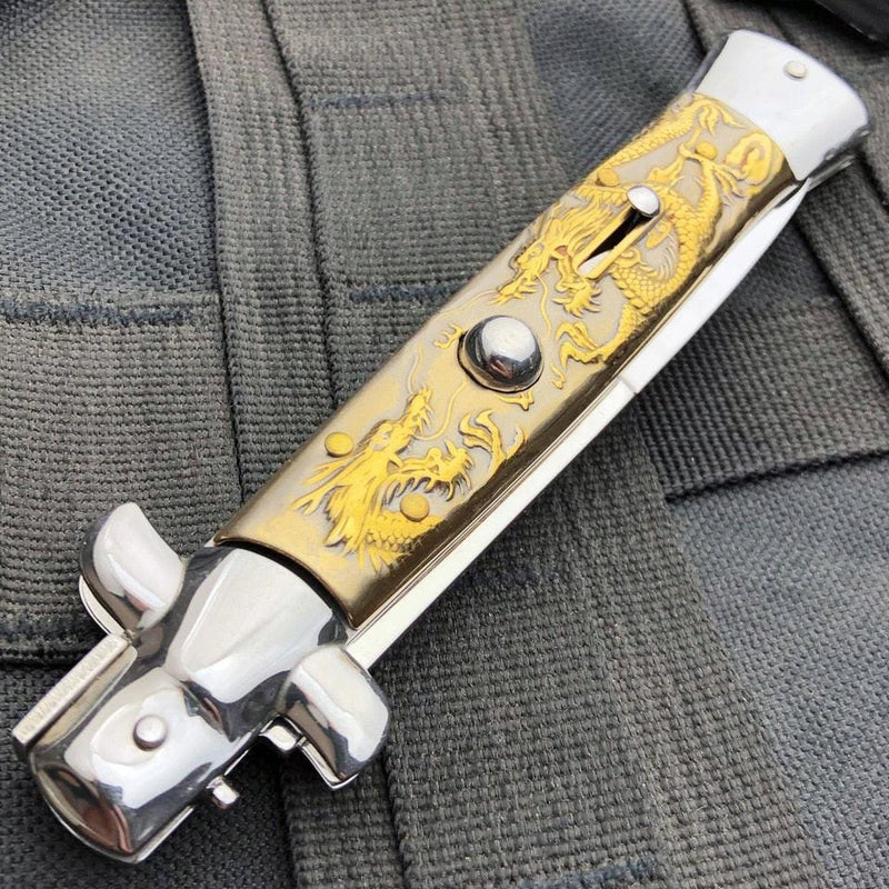 9.5" Italian Style Stiletto Switch Blade Pocket Knife Dragon - BLADE ADDICT