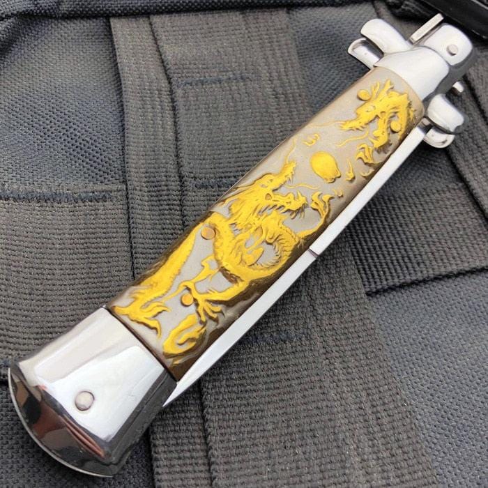 9.5" Italian Style Stiletto Switch Blade Pocket Knife Dragon - BLADE ADDICT