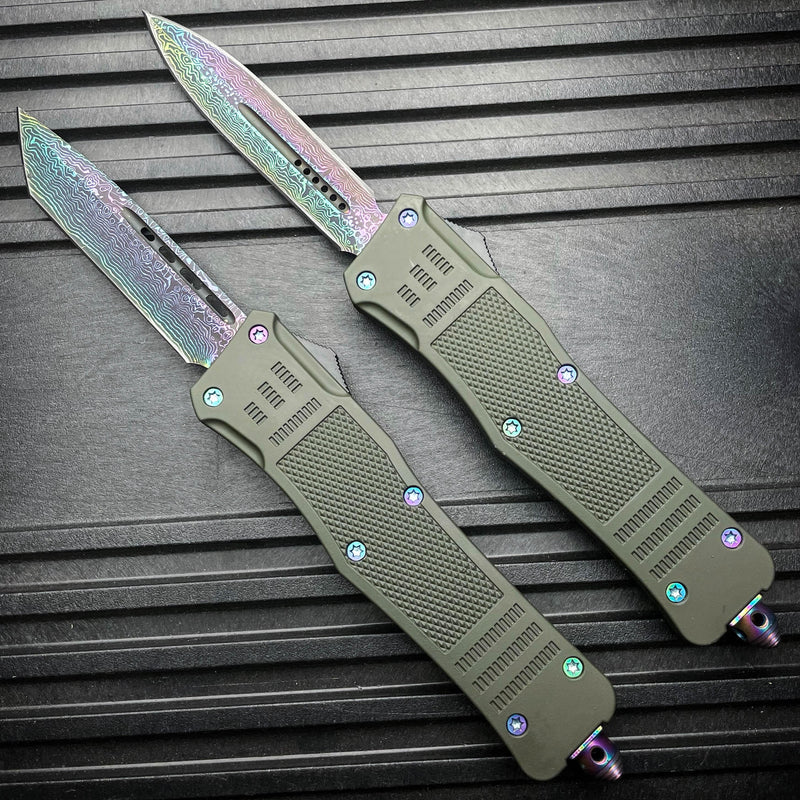 9" Damascus Rainbow STEEL Ghost OTF Tactical Pocket Knife - BLADE ADDICT