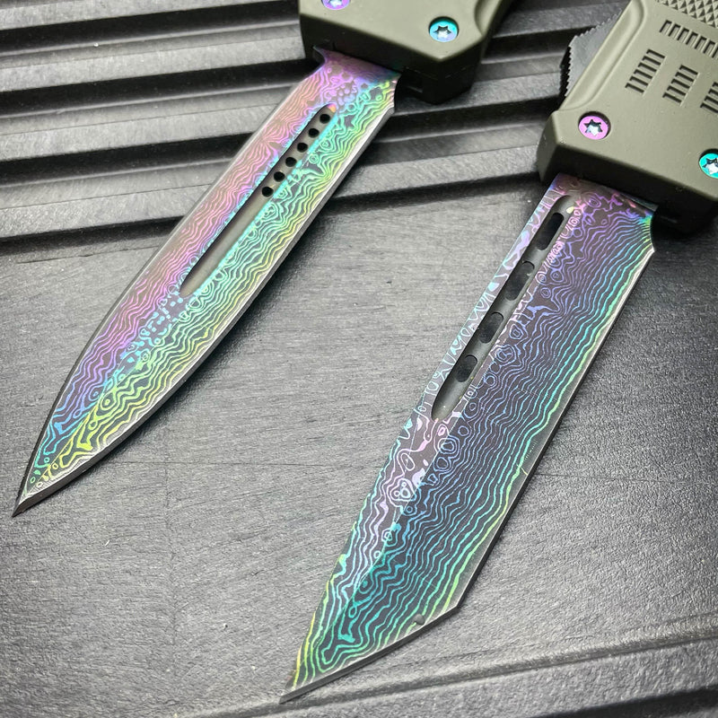 9" Damascus Rainbow STEEL Ghost OTF Tactical Pocket Knife - BLADE ADDICT