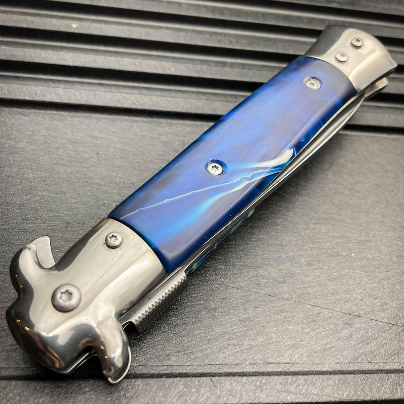 9" Premium Italian Milano Stiletto Tactical Spring Assisted Pocket Knife Blue - BLADE ADDICT