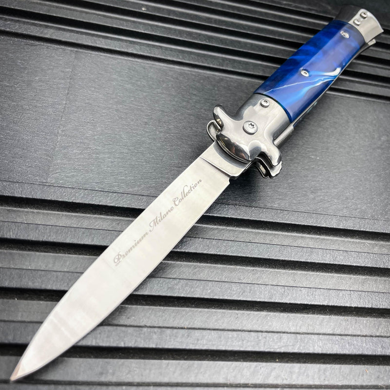 9" Premium Italian Milano Stiletto Tactical Spring Assisted Pocket Knife Blue - BLADE ADDICT