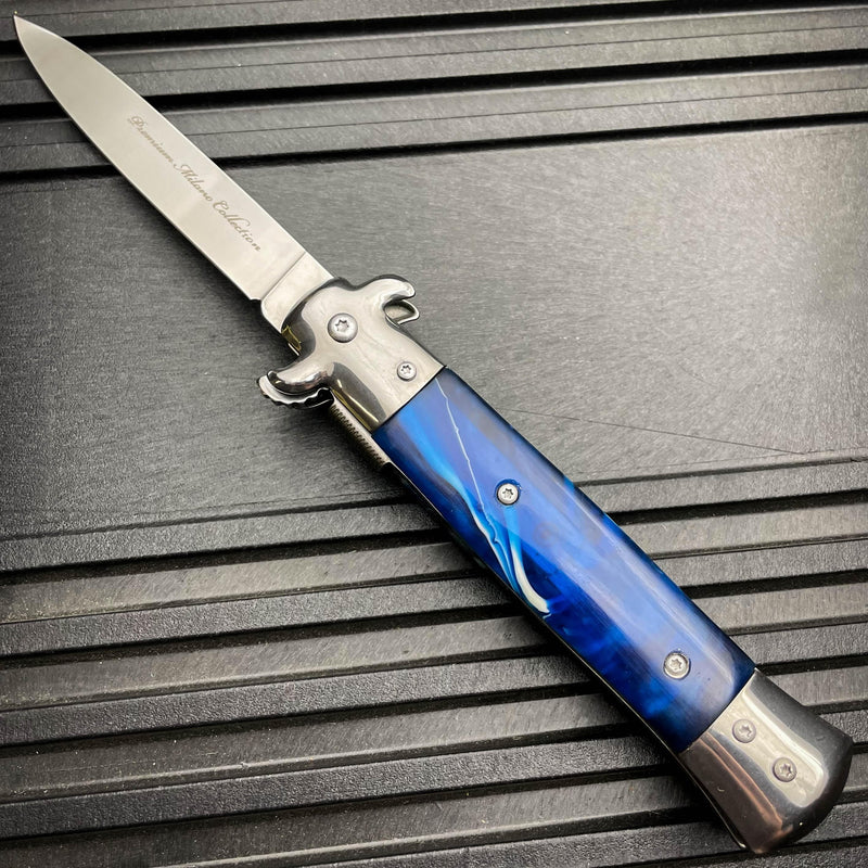 9" Premium Italian Milano Stiletto Tactical Spring Assisted Pocket Knife Blue - BLADE ADDICT