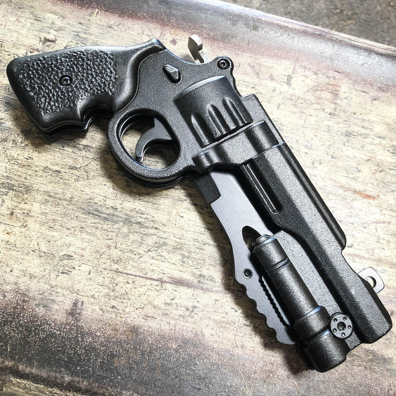 9" REVOLVER Tactical Pistol Replica Gun Spring OPEN Assisted Fold Pocket Knife - BLADE ADDICT