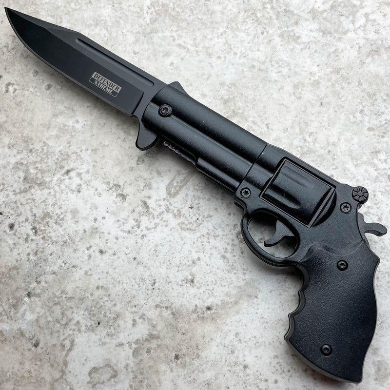 9" Tactical REVOLVER Pistol Replica Gun Spring OPEN Assisted Fold Pocket Knife - BLADE ADDICT