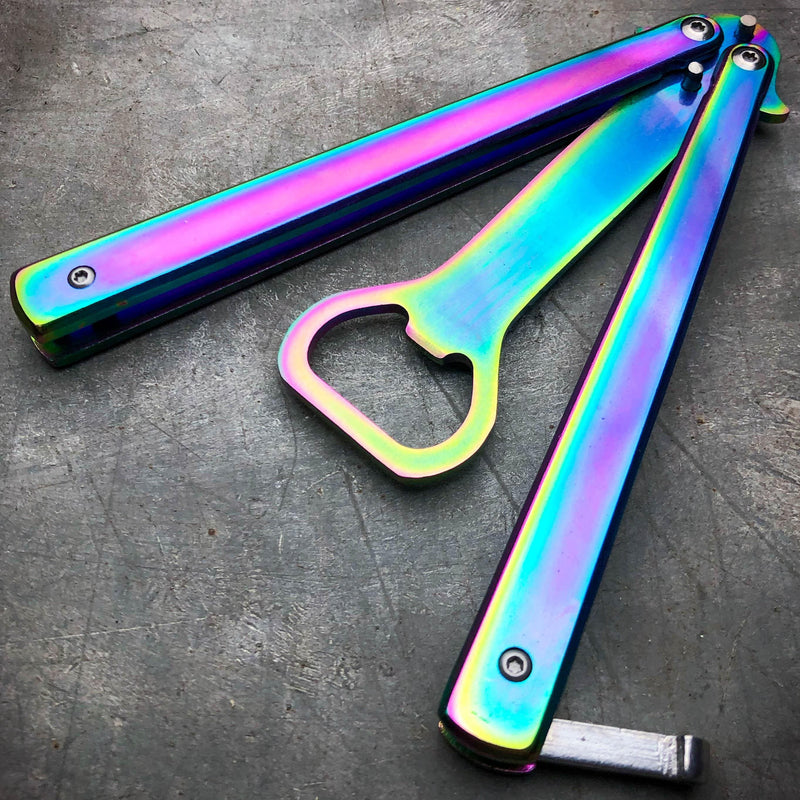 RAINBOW Bottle Opener Butterfly Balisong Trainer Knife Training Blade Practice A - BLADE ADDICT