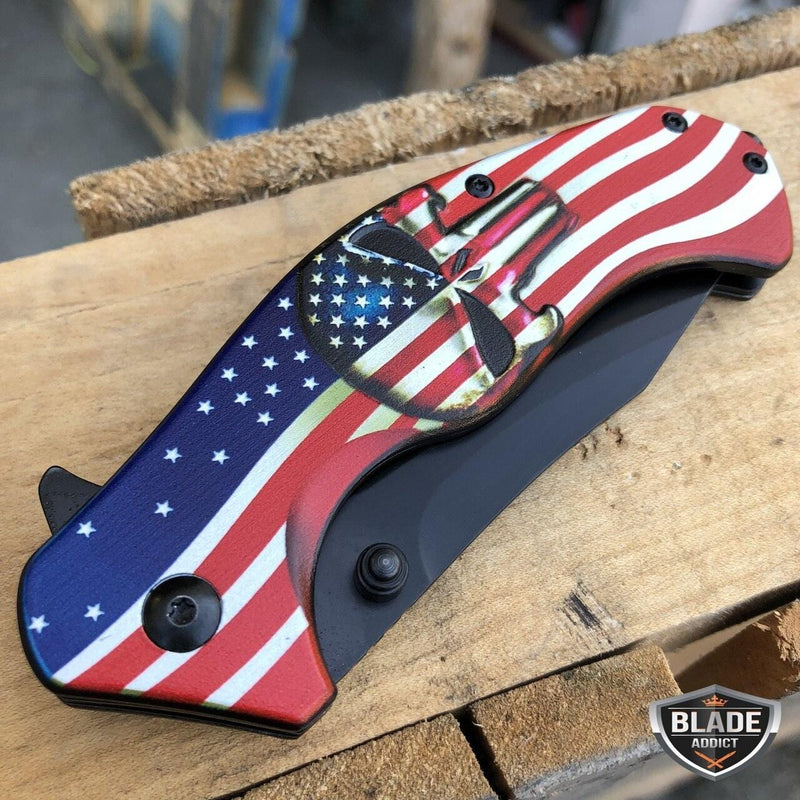 American Flag Punisher Skull SPRING ASSISTED OPEN Folding Pocket Knife - BLADE ADDICT