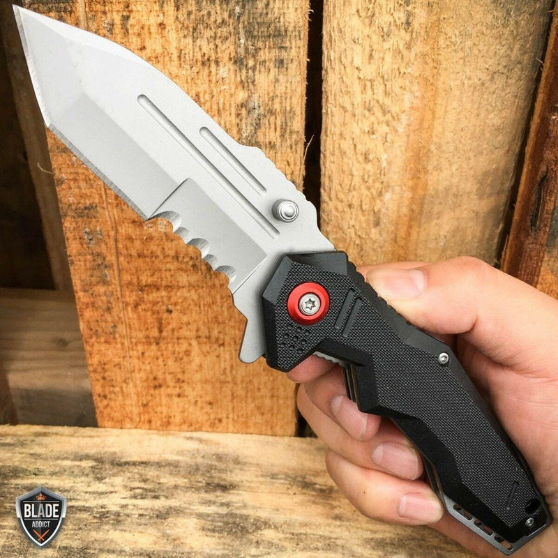 8.5" Tactical Tracker Spring Open Assisted Folding Pocket Knife Black - BLADE ADDICT