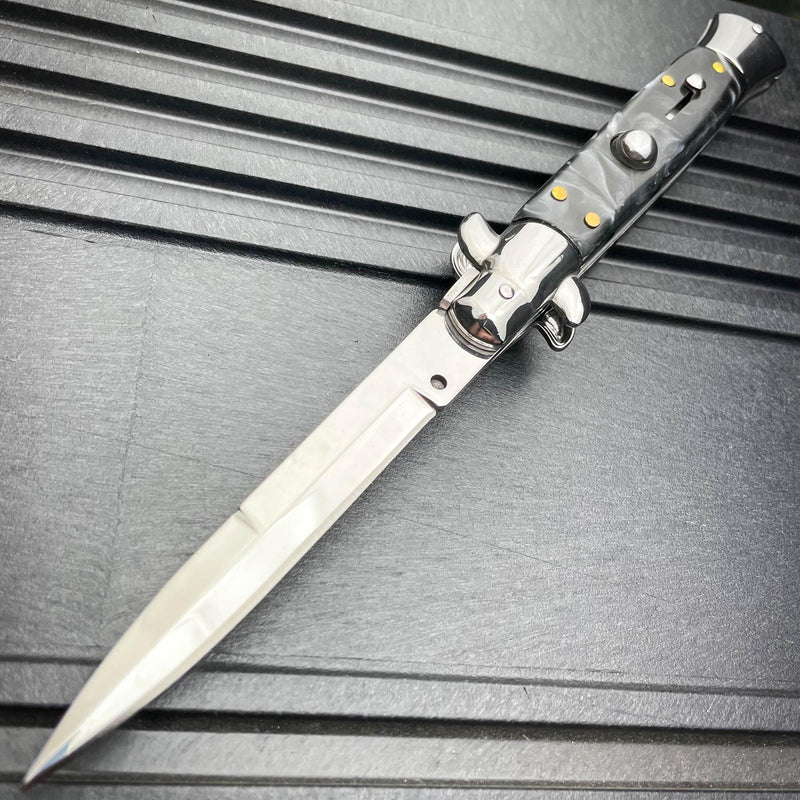 8.75" Italian Stiletto Switch Blade Pocket Knife Black - BLADE ADDICT