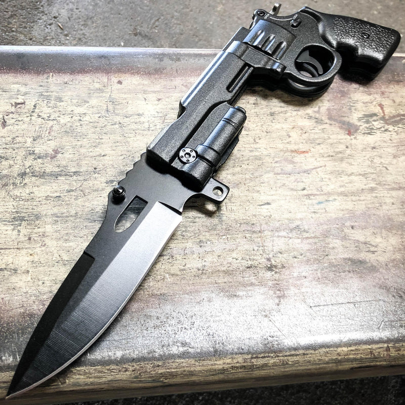 9" REVOLVER Tactical Pistol Replica Gun Spring OPEN Assisted Fold Pocket Knife Black - BLADE ADDICT