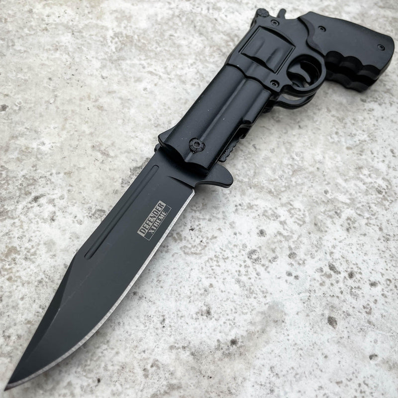 9" Tactical REVOLVER Pistol Replica Gun Spring OPEN Assisted Fold Pocket Knife Black - BLADE ADDICT