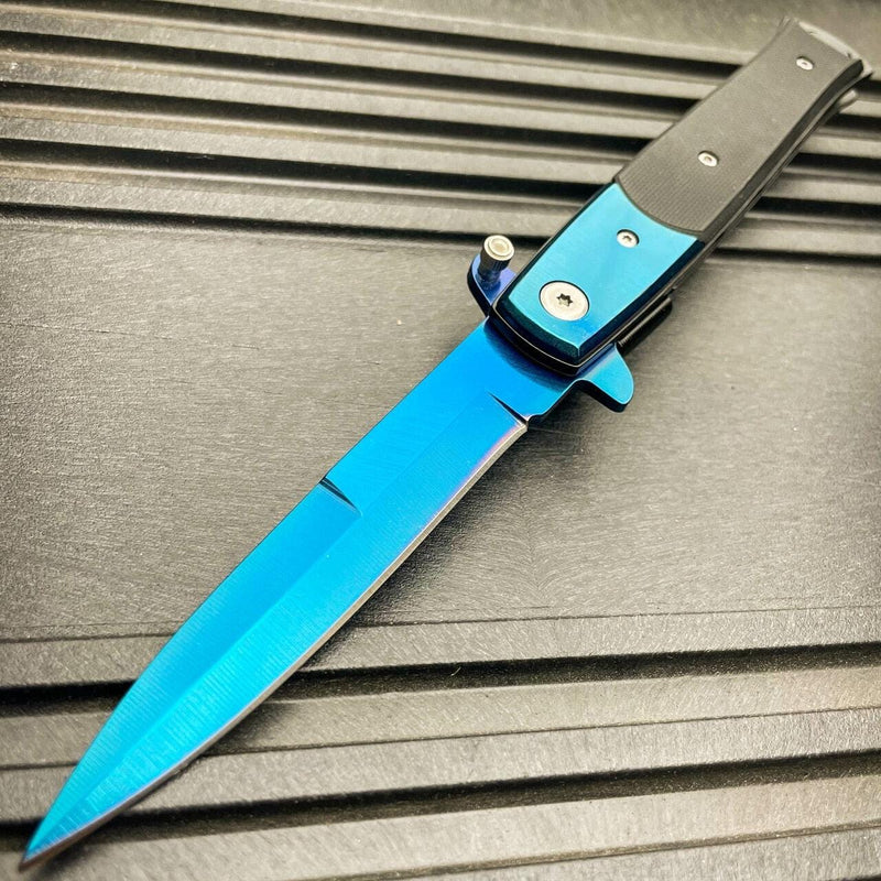8.5" Italian Milano Stiletto Tactical Spring Assisted Open Pocket Knife Blade Blue - BLADE ADDICT