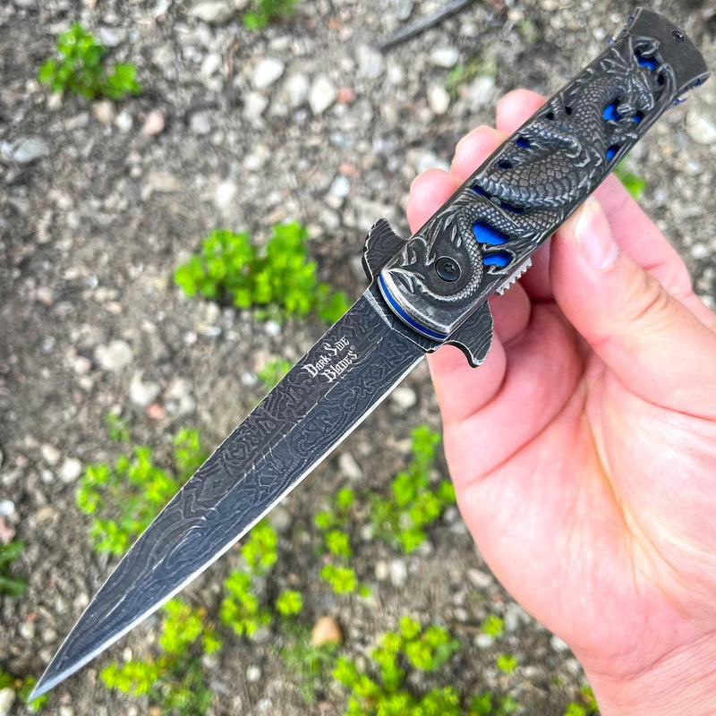 8.75" DRAGON Stiletto Spring Assisted Etch Blade FOLDING POCKET KNIFE Stonewash Blue - BLADE ADDICT