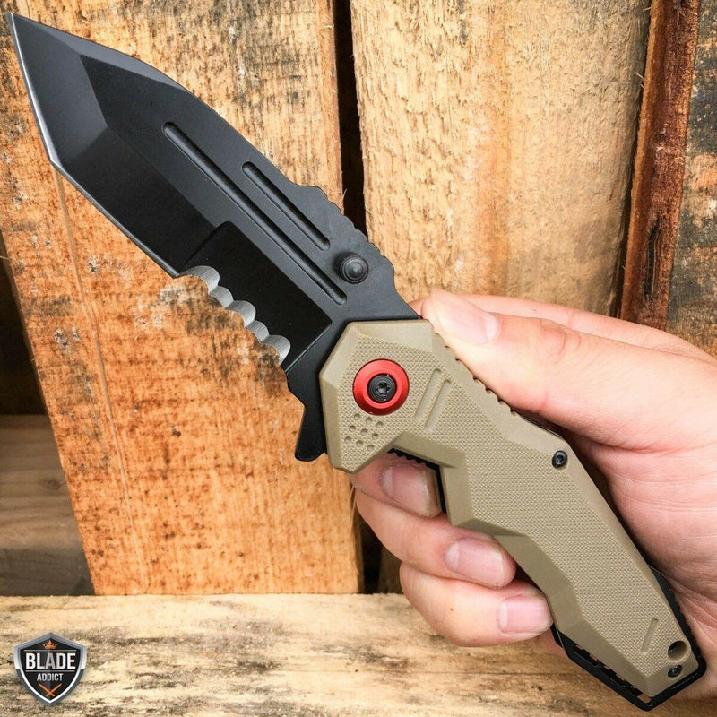 8.5" Tactical Tracker Spring Open Assisted Folding Pocket Knife Brown - BLADE ADDICT