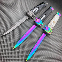 Classic Gentleman Italian Stiletto OTF Rainbow Damascus Style - BLADE ADDICT