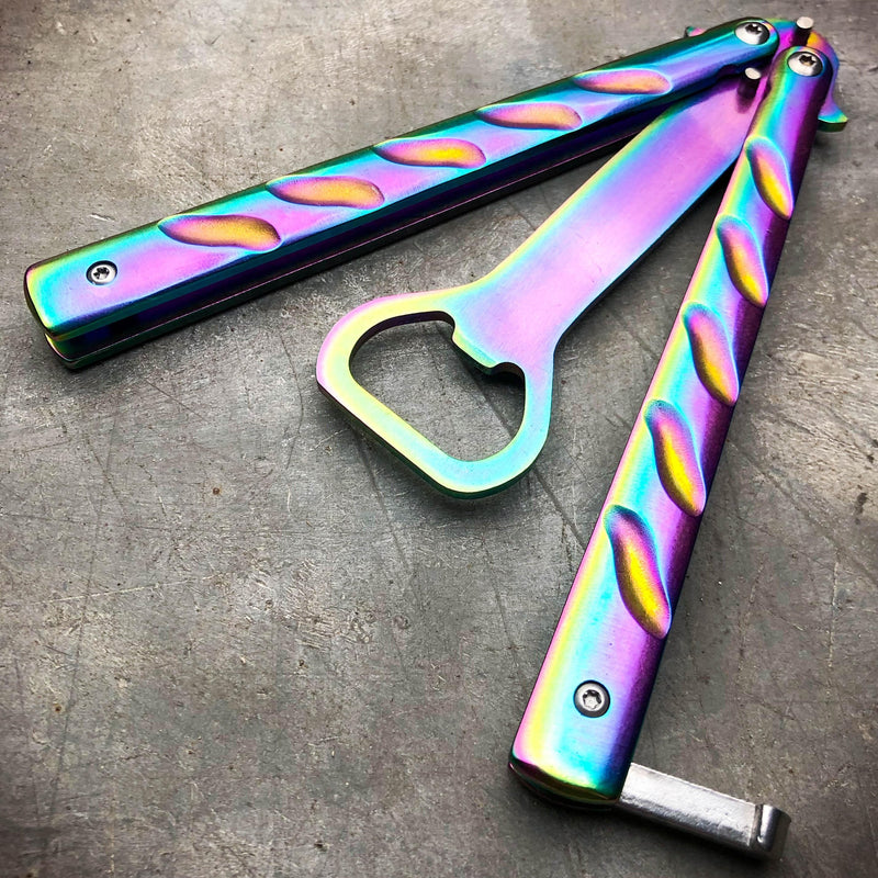 RAINBOW Bottle Opener Butterfly Balisong Trainer Knife Training Blade Practice D - BLADE ADDICT
