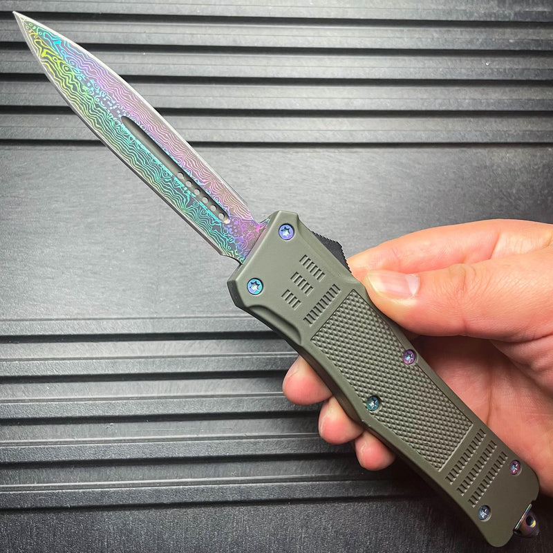 9" Damascus Rainbow STEEL Ghost OTF Tactical Pocket Knife Dagger Blade - BLADE ADDICT