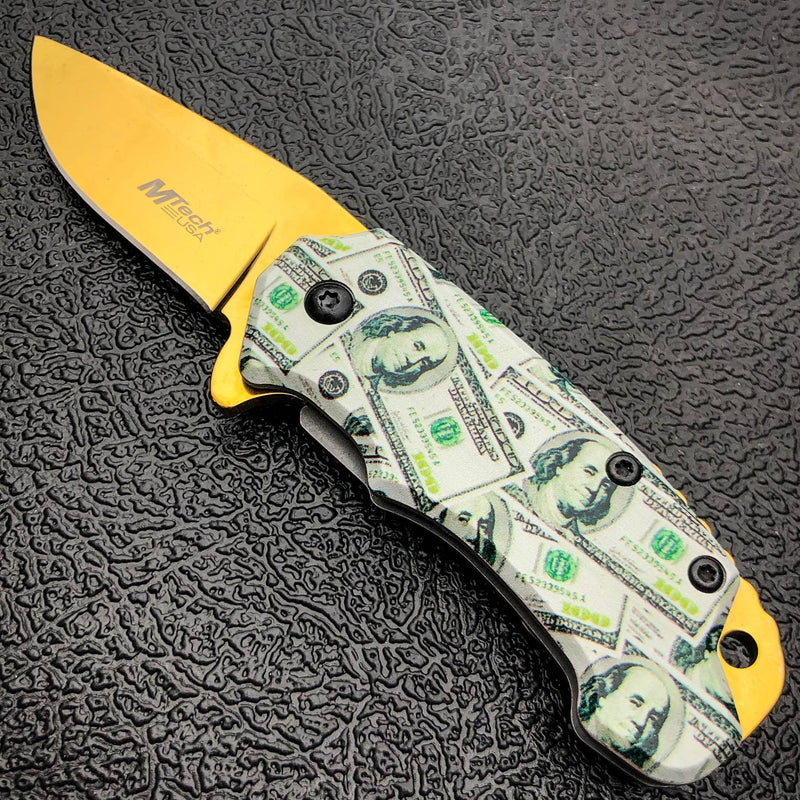 5" MTECH USA Snub MONEY Spring Open Assisted ONE HUNDRED Folding Pocket Knife Gold - BLADE ADDICT