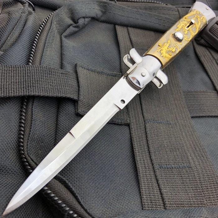 9.5" Italian Style Stiletto Switch Blade Pocket Knife Dragon Gold - BLADE ADDICT
