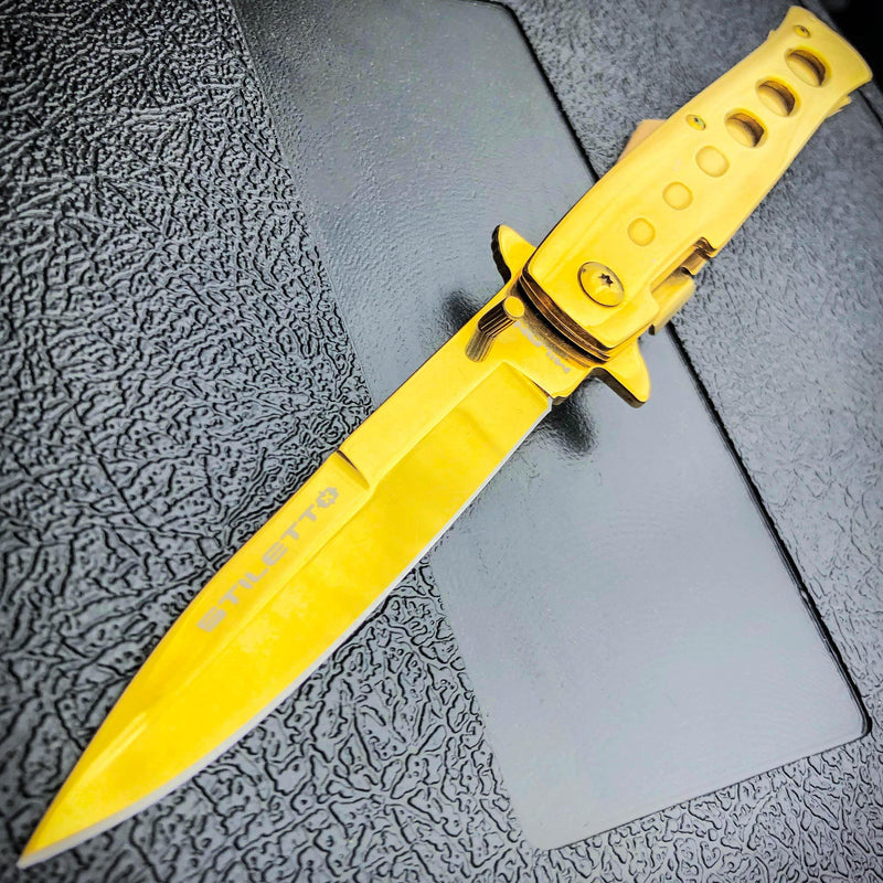 9" Limited Edition Stiletto Spring Open Assisted Folding Pocket Knife Tactical Gold - BLADE ADDICT