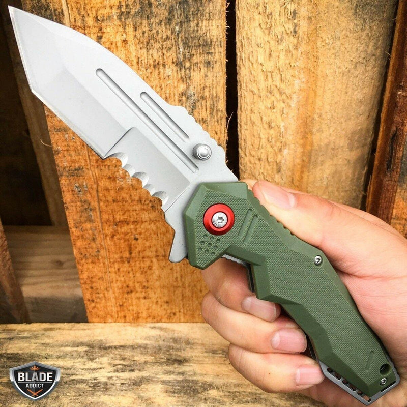 8.5" Tactical Tracker Spring Open Assisted Folding Pocket Knife Green - BLADE ADDICT